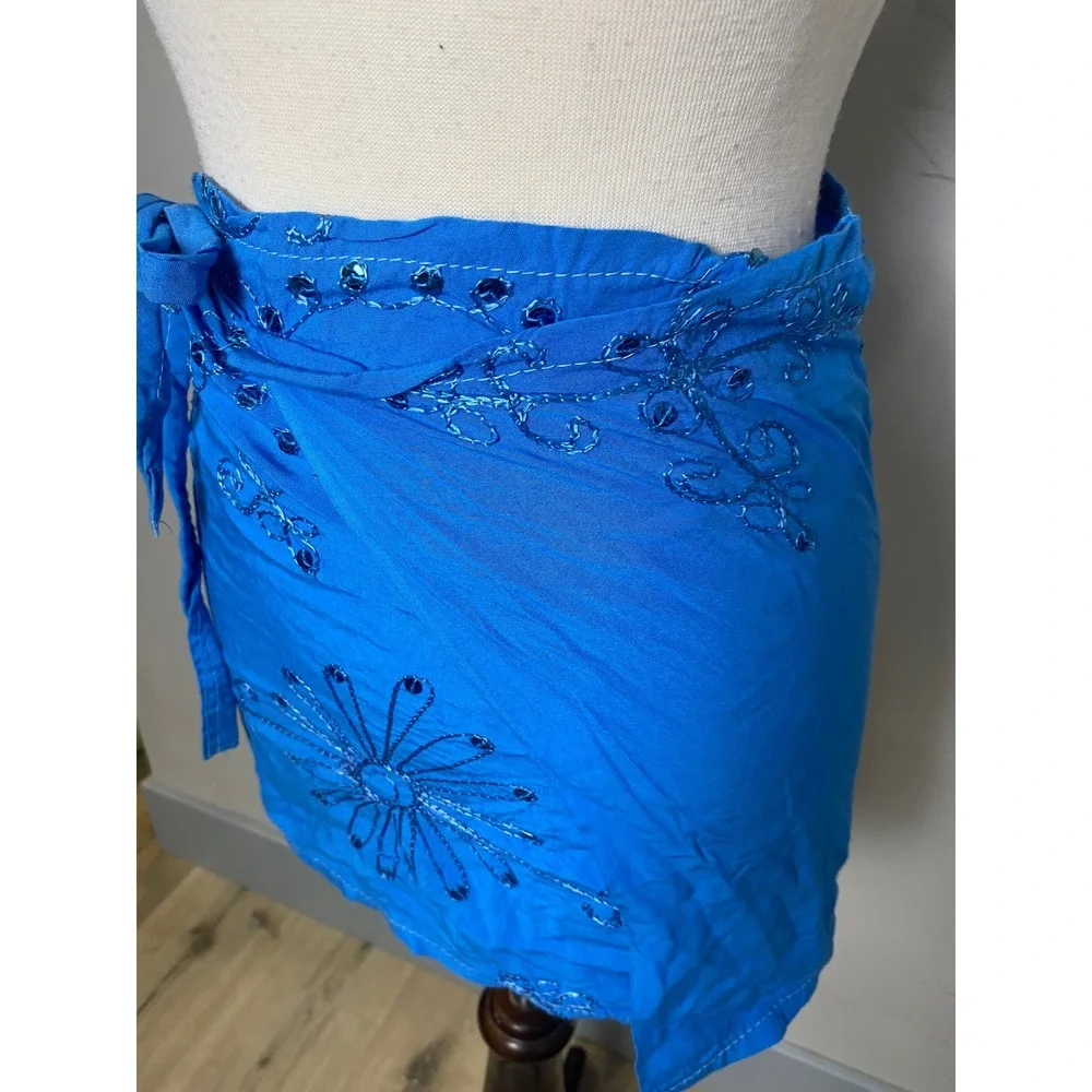 Blue Embroidered Sequin Swim Wrap Skirt Floral Beach Cover Up Tie Waist Mini